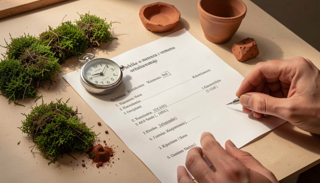 Beleške o merenju i vremenu učitavanja pored štoperice i papira sa kriterijumima