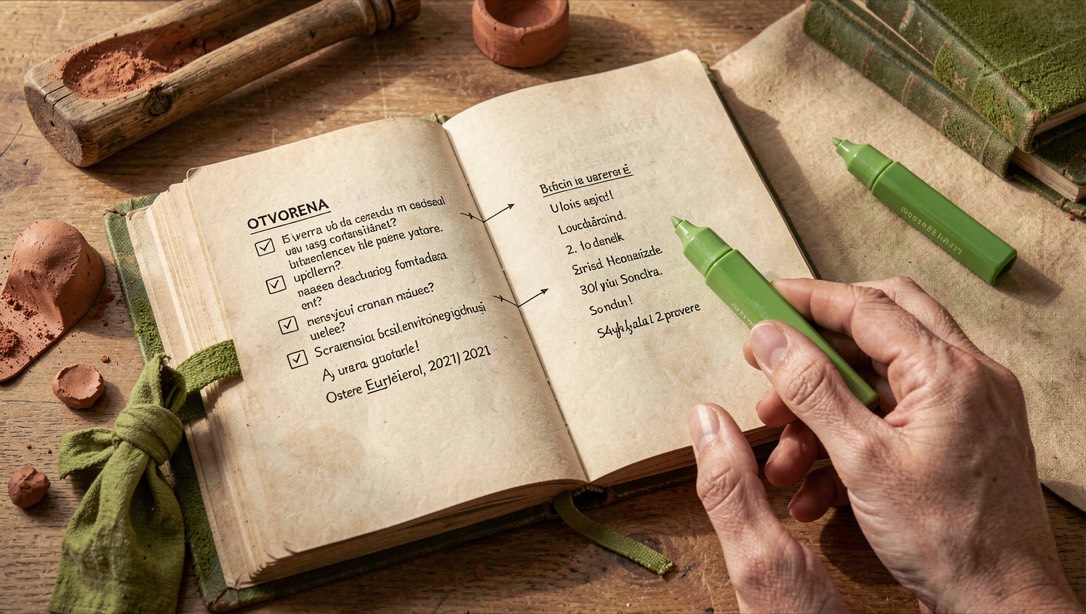 Otvorena beležnica sa mapom stranica, upitima i datumom provere pored zelenog markera